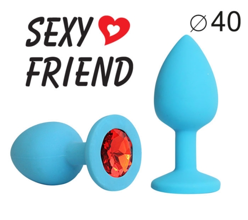 Анальная пробка силиконовая Sexy Friend голубая с красным кристаллом L 9,5 см D 4 см - 1