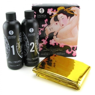 Гель для масажу збудливий аромат Полуничне ігристе вино Shunga ORIENTAL BODY-TO-BODY 2 x 225 мл з простирадлом в комплекті