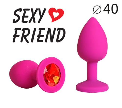 Силіконова анальна пробка кольору фуксія з червоним стразом Sexy Friend L 95 мм, d 40 мм - 1