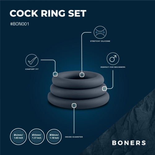Эрекционное кольцо на член серого цвета Boners 3-Piece Cock Ring Set 3 штуки - 2