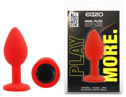 Силіконова червона анальна пробка із чорним кристалом EGZO Silicone Round Plug розмір S - 1