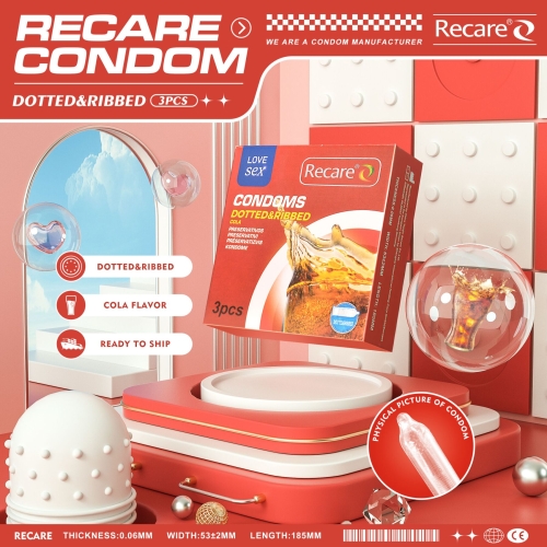 Презервативы с пупырышками и ребрами аромат Кола Recare Cola Dotted&amp;amp;Ribbed Condoms 3 штуки - 7