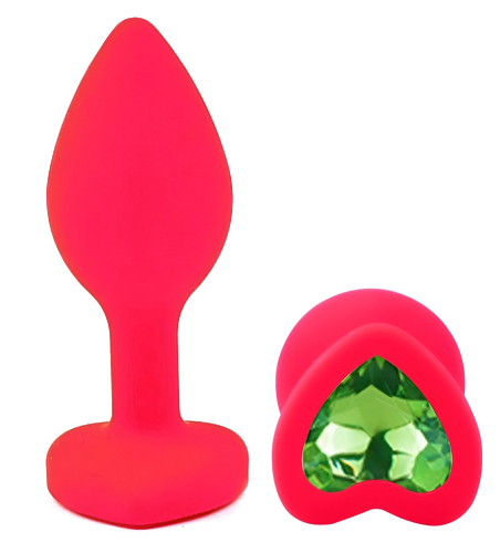 Силіконова рожева анальна пробка із зеленим кристалом у формі серця EGZO Silicone Heart Plug розмір S - 2