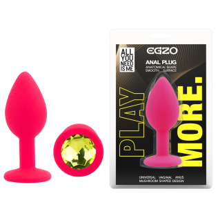 Силіконова рожева анальна пробка із салатовим кристалом EGZO Silicone Round Plug розмір S