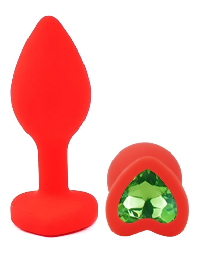 Силіконова червона анальна пробка із зеленим кристалом у формі серця EGZO Silicone Heart Plug розмір S - 2