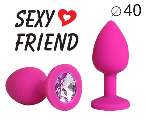 Силіконова анальна пробка кольору фуксія з світло-фіолетовим стразом Sexy Friend L 95 мм, d 40 мм - 1