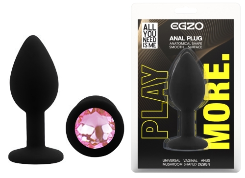 Силиконовая черная анальная пробка с розовым кристаллом EGZO Silicone Round Plug размер S - 1