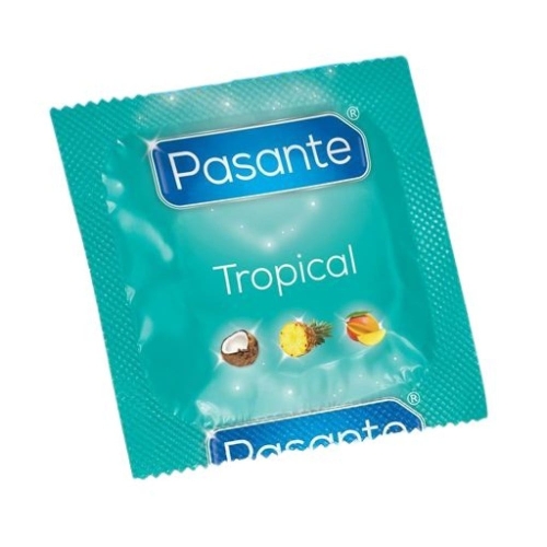 Презервативи латексні з 3 уподобаннями прозорого кольору Foxshow Pasante Tropical 144 штуки - 2