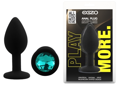 Силіконова чорна анальна пробка із бірюзовим кристалом EGZO Silicone Round Plug розмір S - 1