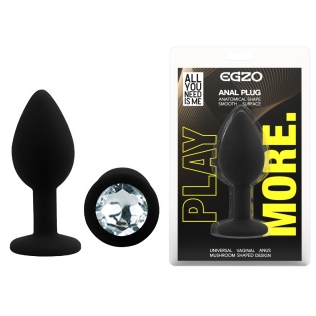 Силиконовая черная анальная пробка с прозрачным кристаллом EGZO Silicone Round Plug размер S