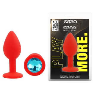Силиконовая красная анальная пробка с голубым кристаллом EGZO Silicone Round Plug размер S