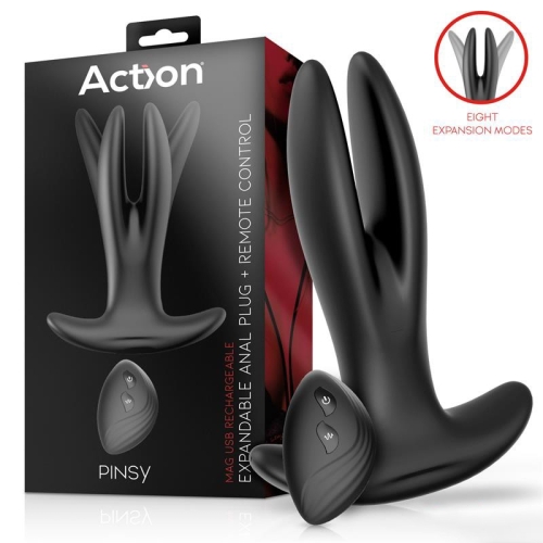 Анальна вібропробка з розсуванням та ПУ Action Pinsy Expandable Butt Plug чорного кольору - 1