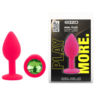 Силіконова рожева анальна пробка із зеленим кристалом EGZO Silicone Round Plug розмір S