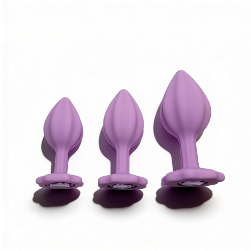 Набор силиконовых анальных рельефных пробок с камнем сиреневого цвета ALUME размеры S, M, L 3 штуки - 5