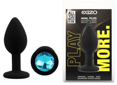 Силіконова чорна анальна пробка із блакитним кристалом EGZO Silicone Round Plug розмір S - 1