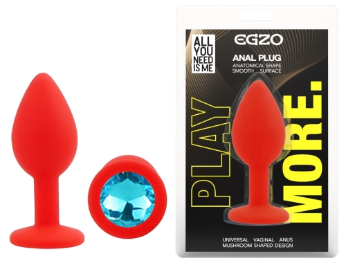 Силіконова червона анальна пробка із блакитним кристалом EGZO Silicone Round Plug розмір S - 1