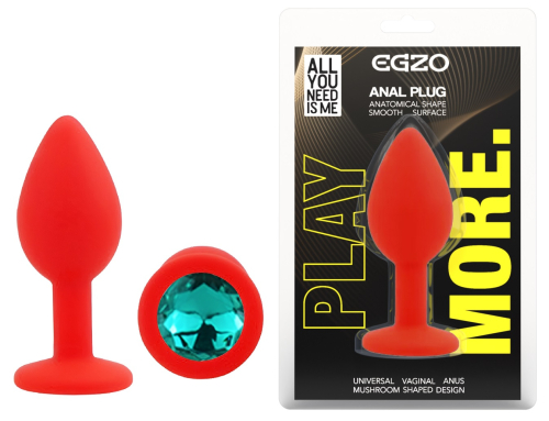Силіконова червона анальна пробка з бірюзовим кристалом EGZO Silicone Round Plug розмір S - 1