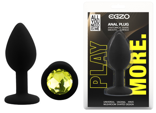 Силіконова чорна анальна пробка із салатовим кристалом EGZO Silicone Round Plug розмір S - 1