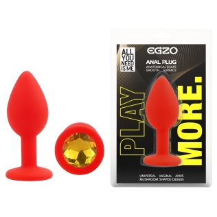 Силиконовая красная анальная пробка с золотистым кристаллом EGZO Silicone Round Plug размер S