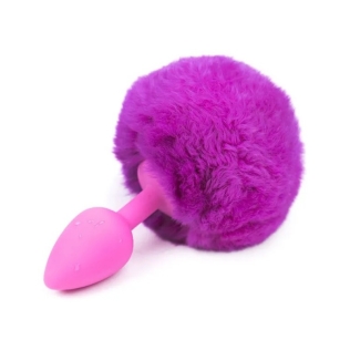 Анальная пробка розового цвета из силикона с фиолетовым хвостиком Silicone Fur Tail Plug