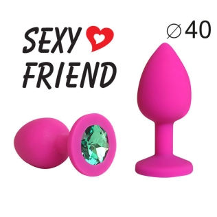 Силіконова анальна пробка кольору фуксія з зеленим стразом Sexy Friend L 95 мм, d 40 мм