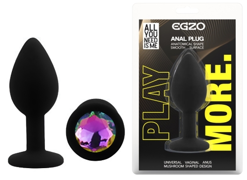 Силіконова чорна анальна пробка з райдужним кристалом EGZO Silicone Round Plug розмір S - 1