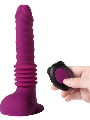 Вібратор на присосці силіконовий фіолетового кольору з пультом ДК Xise Isaiah thrusting dildo - 5