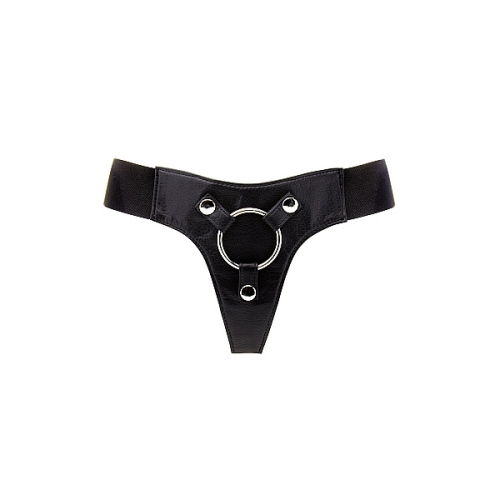 Трусики для страпона с кольцом из натуральной кожи черные RealRock Elastic Harness размеры S-XL - 4