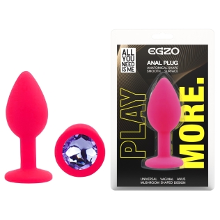 Силиконовая розовая анальная пробка с сиреневым кристаллом EGZO Silicone Round Plug размер S