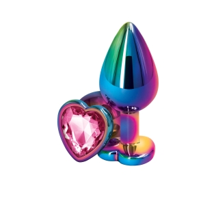Анальная пробка радужная с камушком розовым по форме сердца NS Novelties Rear Assets - Multicolor Heart размер Medium