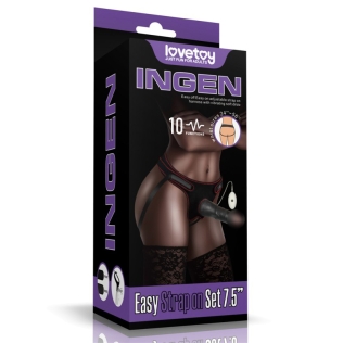 Ременной женский вибрострапон черного цвета с пультом ДУ Lovetoy Vibrating Easy Strapon Set длина 190 мм