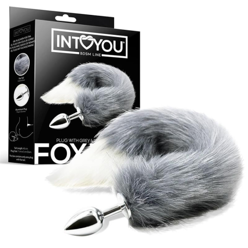 Анальная пробка металлическая серебристая с серым хвостом Intoyou Anal Plug Grey White Foxy Tail - 1