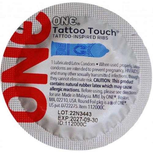 Презервативи з рельєфними візерунками латексні сині One Tattoo Touch 5 штук - 1