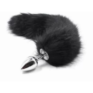 Анальний сріблястий корок чорний лисий хвіст DS Fetish Anal plug S faux fur fox tail