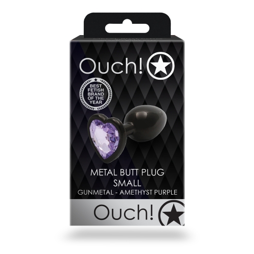 Металлическая анальная пробка черная с фиолетовым камнем Heart Gem размер S Ouch! - 4