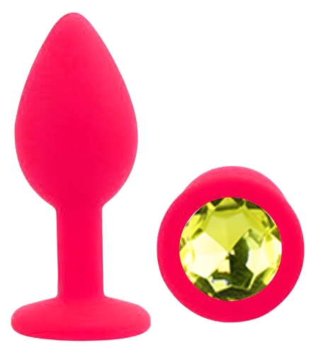 Силіконова рожева анальна пробка із салатовим кристалом EGZO Silicone Round Plug розмір S - 2