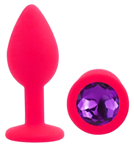 Силіконовий рожевий анальний затор з фіолетовим кристалом EGZO Silicone Round Plug розмір S - 2
