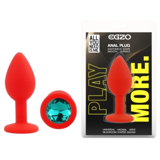 Силиконовая красная анальная пробка с бирюзовым кристаллом EGZO Silicone Round Plug размер S