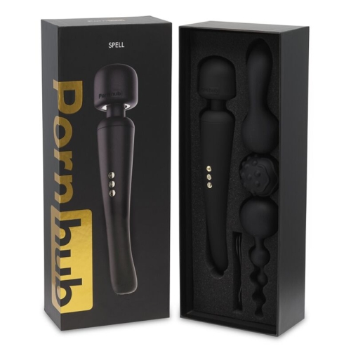 Вібромасажер Wand для інтимних зон з трьома насадками чорний Pornhub Spell Wand Set - 2