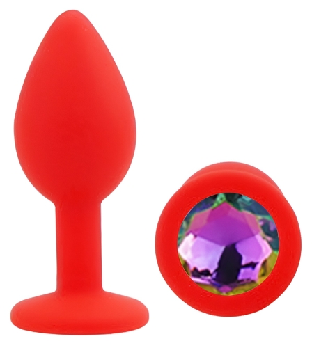 Силіконова червона анальна пробка з райдужним кристалом EGZO Silicone Round Plug розмір S - 2