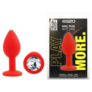 Силіконова червона анальна пробка із прозорим кристалом EGZO Silicone Round Plug розмір S