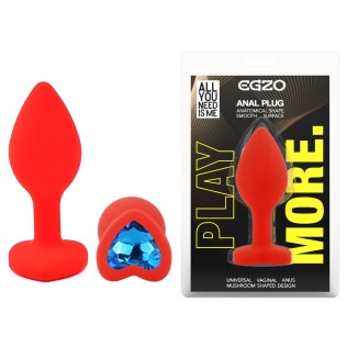Силиконовая красная анальная пробка с синим кристаллом в форме сердца EGZO Silicone Heart Plug размер S