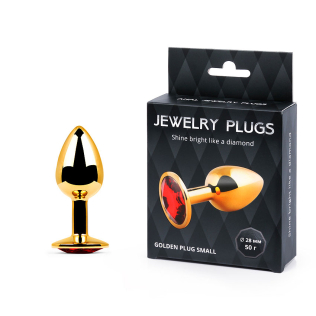 Анальная металлическая пробка золотая с красным кристаллом Anal Jewelry Plug  L 72 мм D 28 мм вес 50г