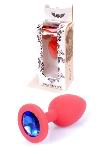 Анальна пробка силіконова червоного кольору з синім камінчиком Boss series Jewellery - 1