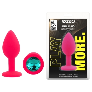 Силіконова рожева анальна пробка з бірюзовим кристалом EGZO Silicone Round Plug розмір S