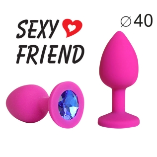 Силиконовая анальная пробка цвета фуксия с синим стразом Sexy Friend L 95 мм, D 40 мм