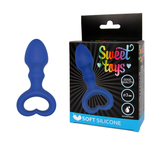 Анальна пробка 6,5 см/3 см силіконова з ручкою-сердечком SWEET TOYS синя - 4