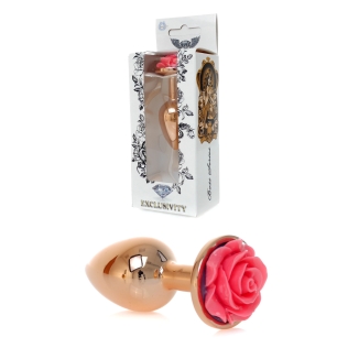 Анальний затор золотистого кольору з рожевою трояндочкою Boss series Plug Jewellery