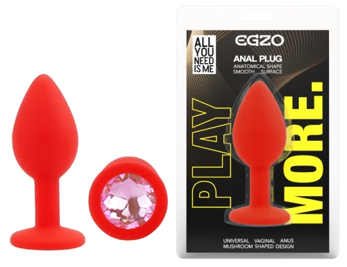 Силіконова червона анальна пробка із рожевим кристалом EGZO Silicone Round Plug розмір S - 1