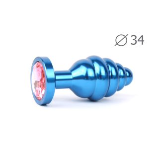 Анальная пробка BLUE PLUG MEDIUM синего цвета с розовым кристаллом